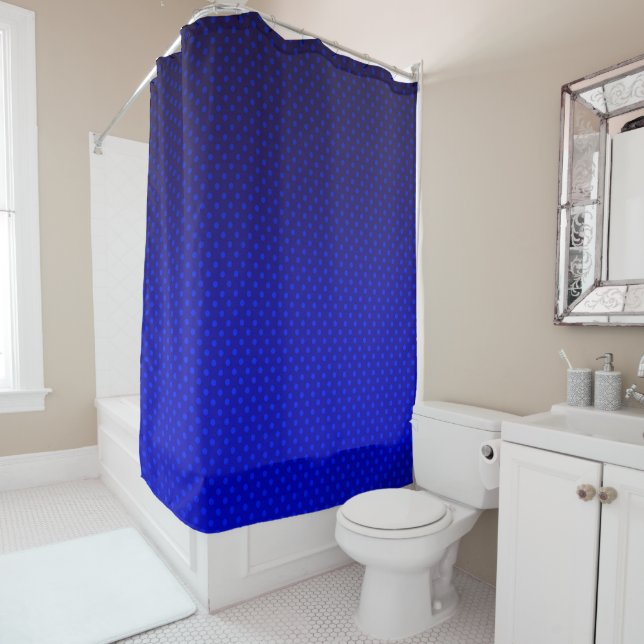 Polka dot gradient navy black colours dark print shower curtain (In Situ)