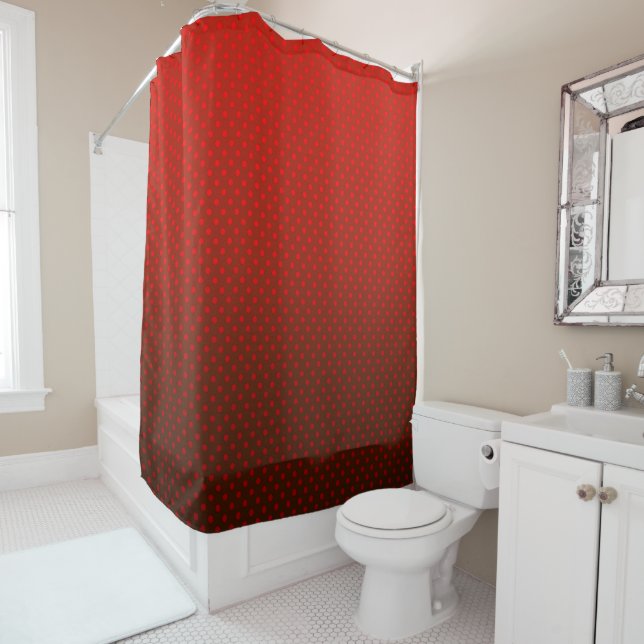 Polka dot gradient red black colours dark print shower curtain (In Situ)