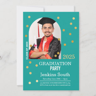 Polka Dot Graduation Confetti Teal Gold Photo Invitation