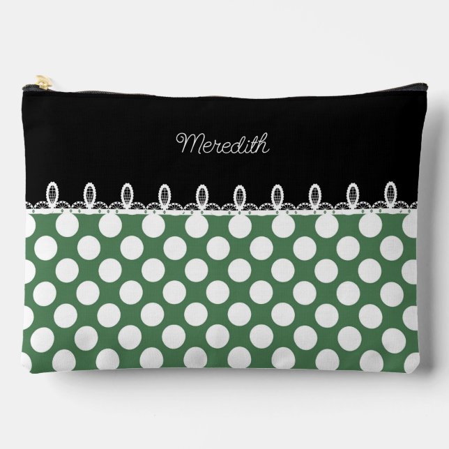Polka dot green and black with custom name accessory pouch (Front)