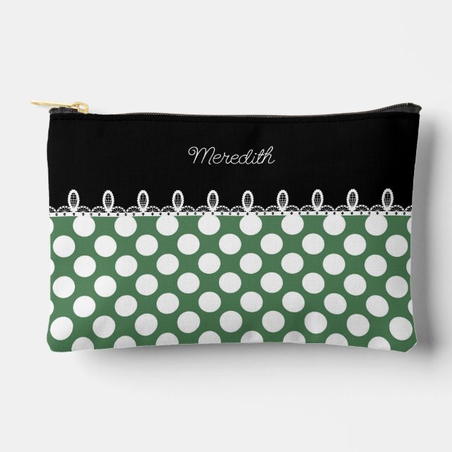 Polka dot green and black with custom name accessory pouch (Front)