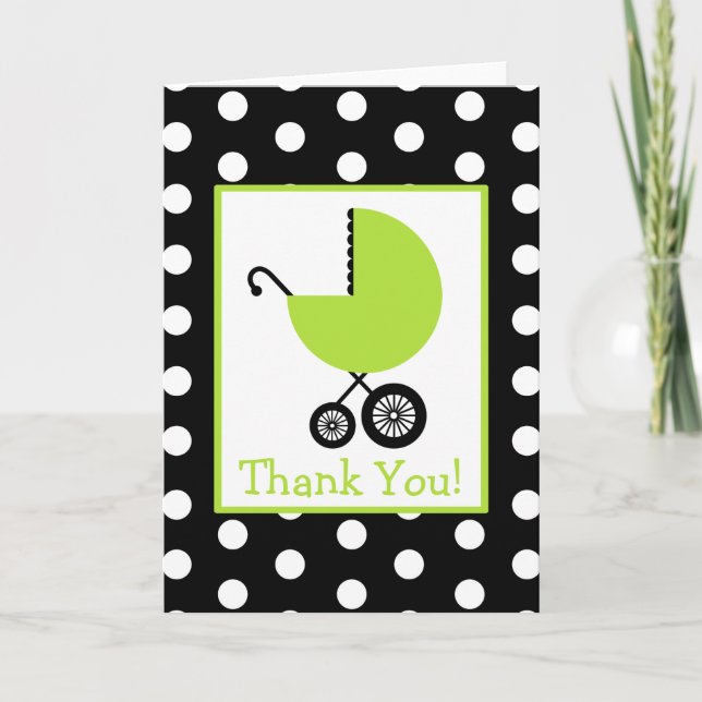 Polka Dot & Green Carriage Baby Shower Thank You Card (Front)