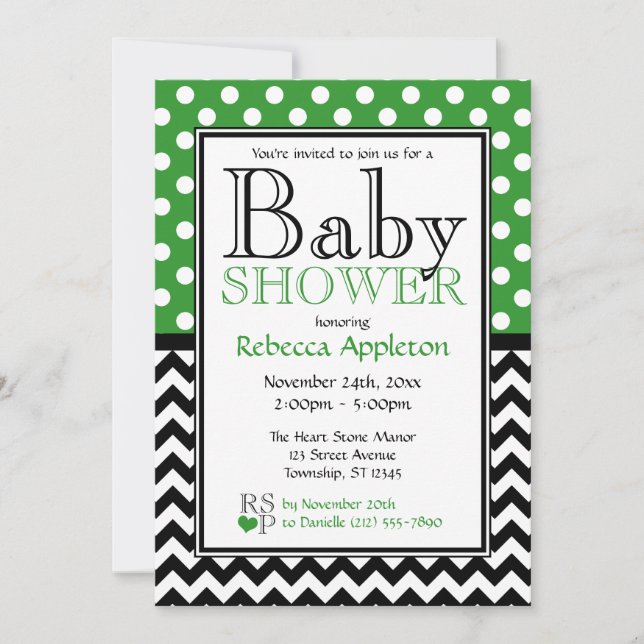Polka Dot Green & Chevron Baby Shower Invitation (Front)