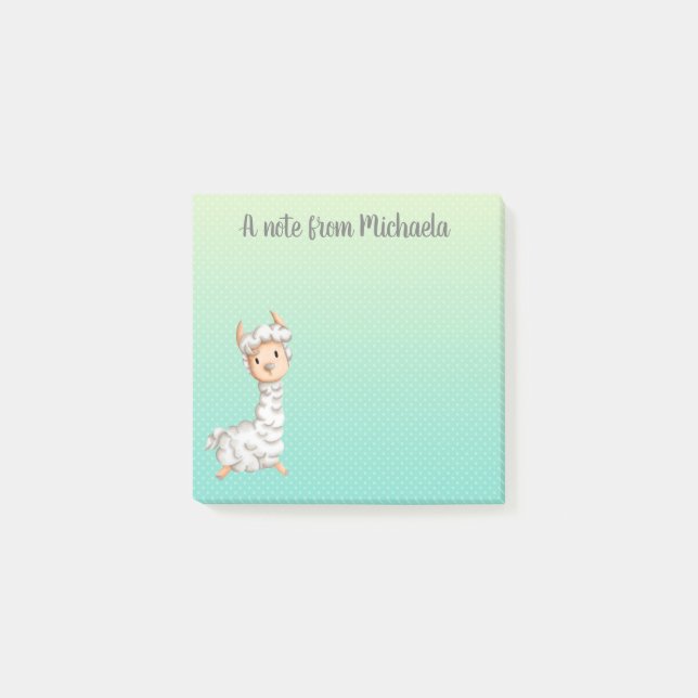 Polka dot green personalised llama post-it notes (Front)