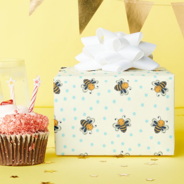Polka Dot Honey Bees Antique White Wrapping Paper (Birthday Party)