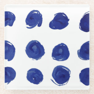 Polka dot, indigo blue watercolor. glass coaster