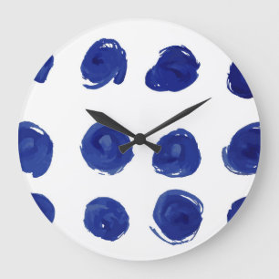 Polka dot, indigo blue watercolor. large clock