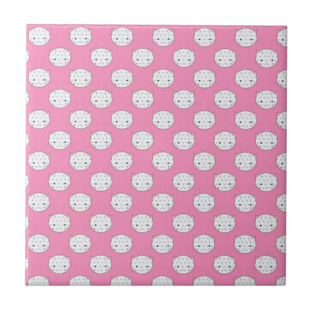 Polka Dot Kitty Pink and White Cat Face Pattern Ceramic Tile (Front)
