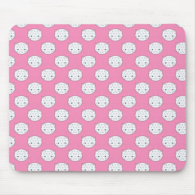 Polka Dot Kitty Pink and White Cat Face Pattern Mouse Pad (Front)