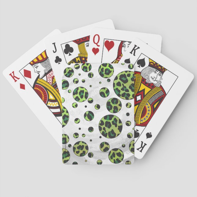 Polka Dot Leopard Black and Green Playing Cards (Back)