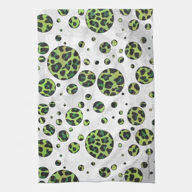 Polka Dot Leopard Black and Green Tea Towel (Vertical)