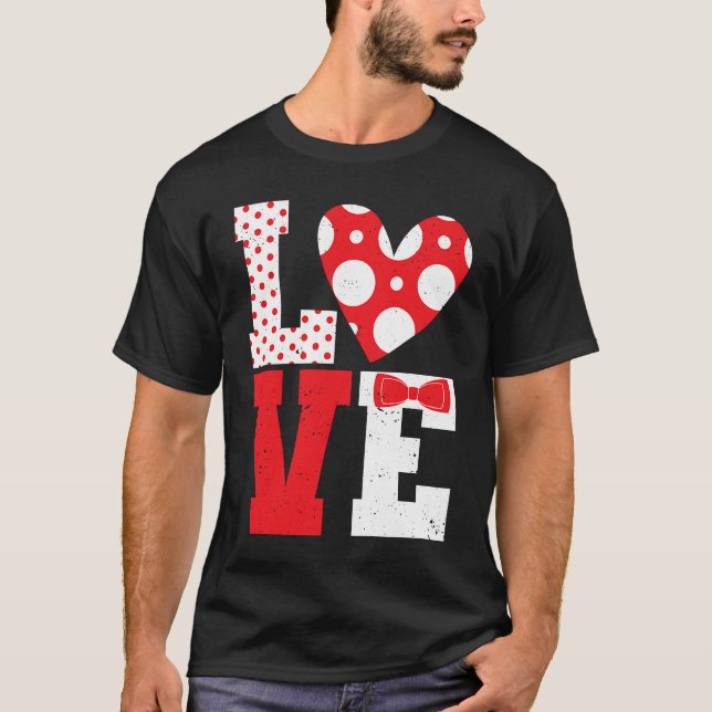 Polka Dot Love Heart Bow Tie Valentine's Day Coupl T-Shirt (Front)