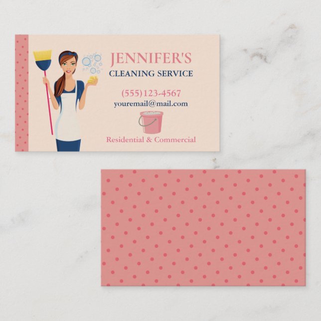 Polka Dot Maid House Cleaning Service Business Card (Front/Back)