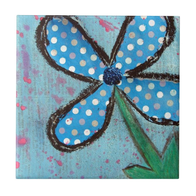 Polka Dot Mixed Media Flower Ceramic Tile (Front)