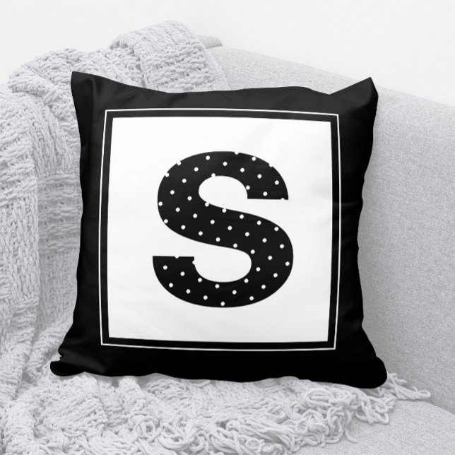 Polka Dot Monogram in Black and White Cushion (Cute Polka Dot Monogram Throw Pillow in Black and White )