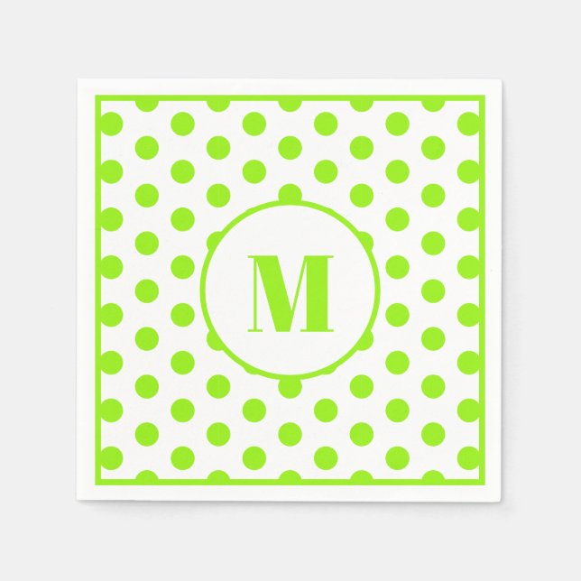 Polka Dot Monogram Initial Lime Green on White Napkin (Front)