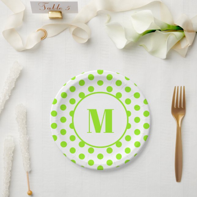 Polka Dot Monogram Initial Lime Green on White Paper Plate (Wedding)