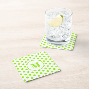 Polka Dot Monogram Initial Lime Green on White Square Paper Coaster