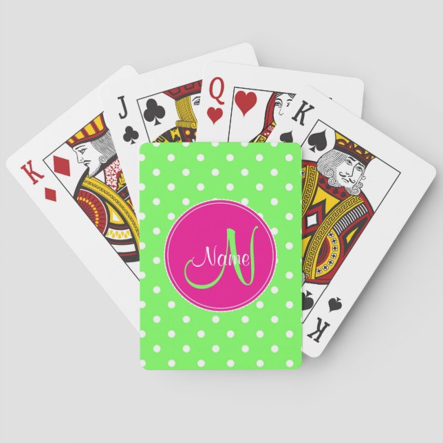 Polka dot monogram initial name stylish green playing cards (Back)