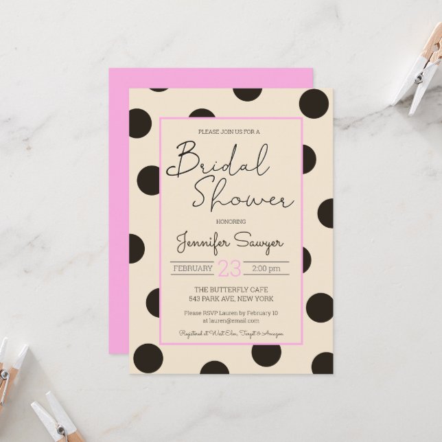 Polka Dot Neutral Black Pink Bridal Shower Invitat Invitation (Front/Back In Situ)