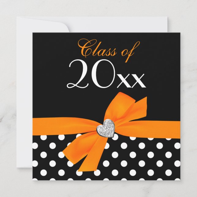 Polka Dot Orange Black Bow Heart Graduation Party Invitation (Front)