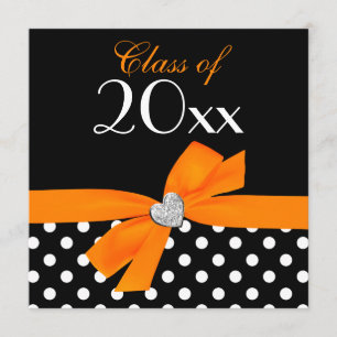 Polka Dot Orange Black Bow Heart Graduation Party Invitation