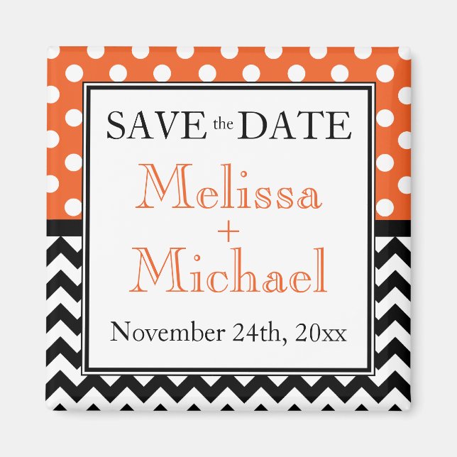 Polka Dot Orange & Chevron Save the Date Magnet (Front)
