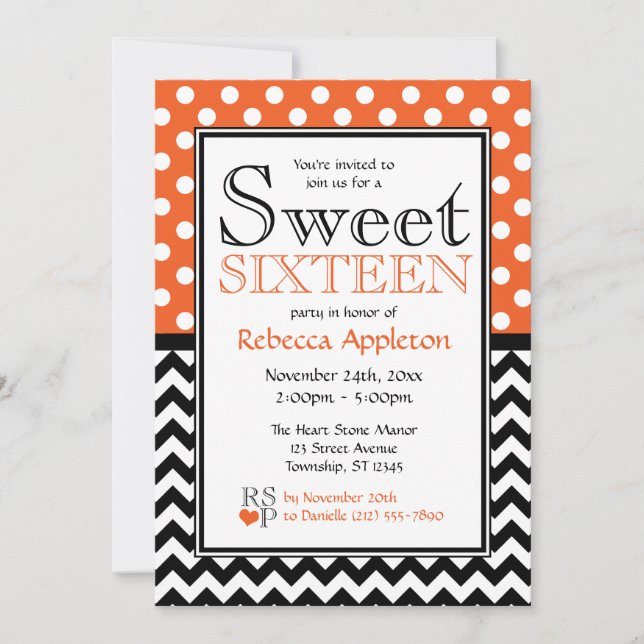 Polka Dot Orange Chevron Sweet Sixteen Invitations (Front)
