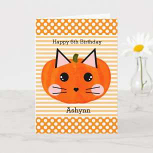 Polka Dot Orange Pumpkin Cat Halloween Birthday Card