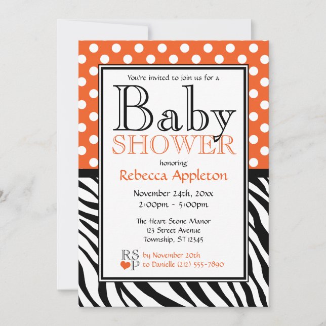 Polka Dot Orange & Zebra Print Baby Shower Invitation (Front)