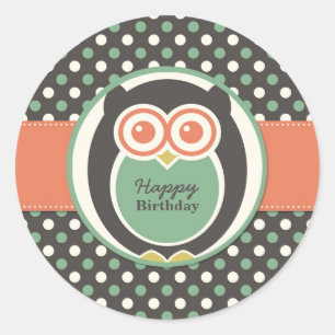 Polka Dot Owl Cartoon Birthday Party Sticker