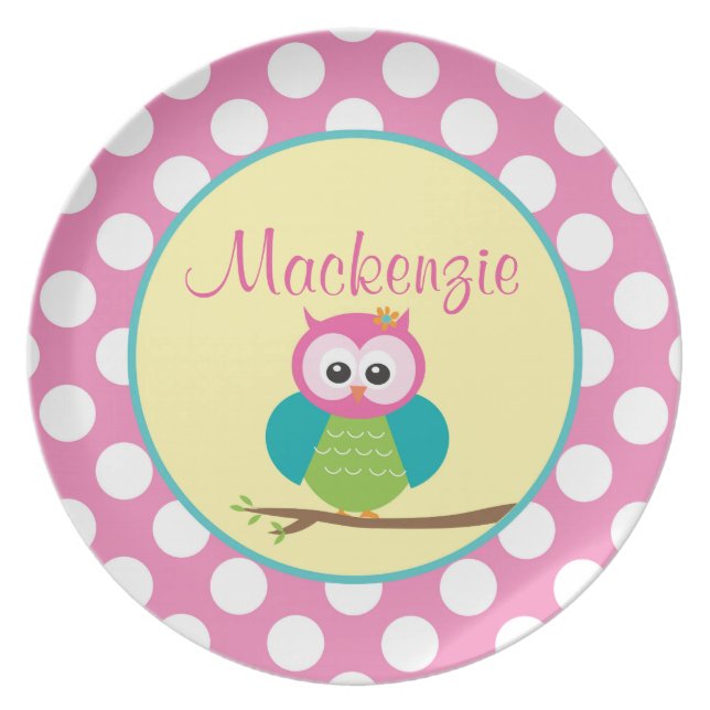 Polka Dot Owl - Personalised Melamine Plate (Front)