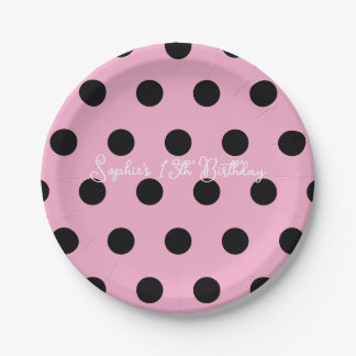 Polka Dot Party 13th Birthday - Pink & Black Dot Paper Plate