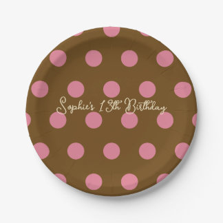 Polka Dot Party 13th Birthday - Pink & Brown Dot Paper Plate