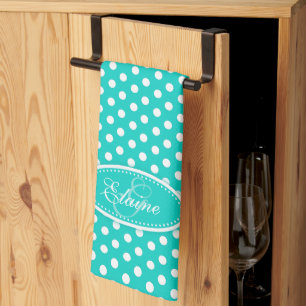 Polka dot pattern aqua custom name monogrammed tea towel