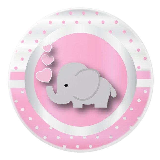 Polka Dot Pattern | Baby Pink, White & Elephant Ceramic Knob (Front)