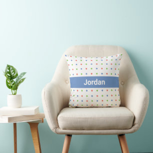 Polka Dot Pattern Custom Name on Blue Stripe Cushion