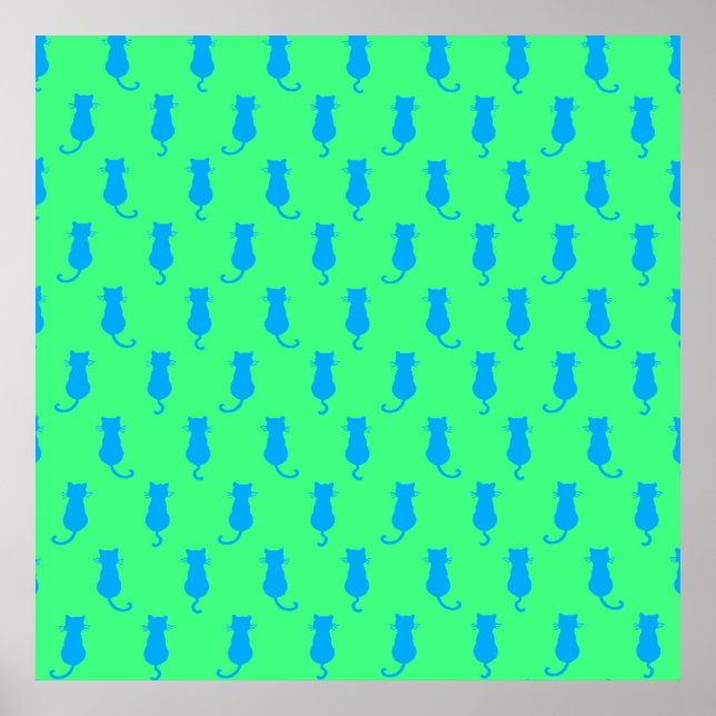 Polka Dot Pattern Pop Art Cat In Blue and Lime Poster (Front)