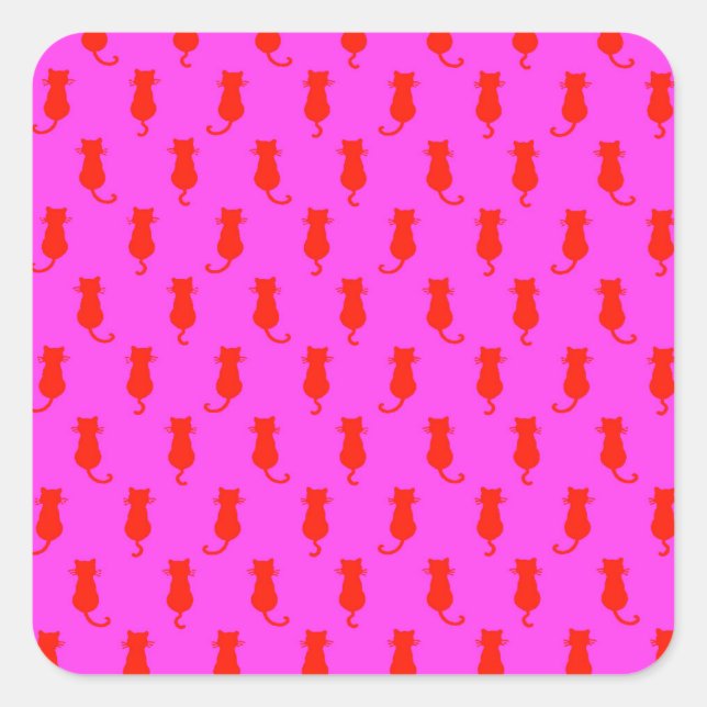 Polka Dot Pattern Pop Art Cat In Red and Hot Pink. Square Sticker (Front)