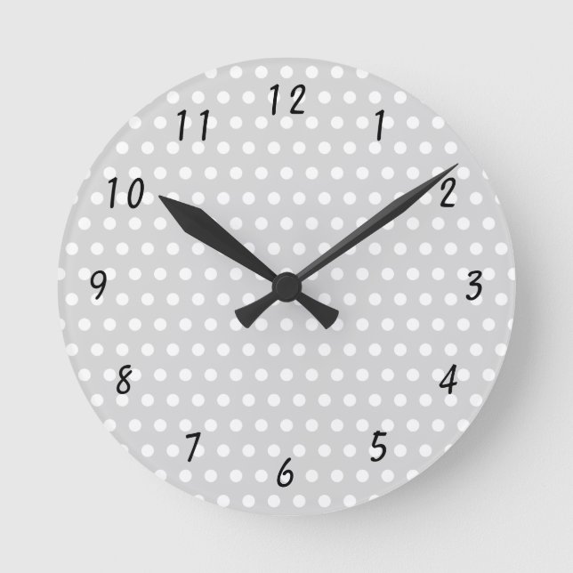 Polka Dot Pattern White and Pale Grey with Numbers Round Clock (Front)