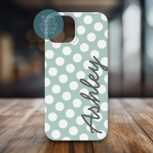 Polka Dot Pattern with name - grey mint iPhone 15 Pro Case