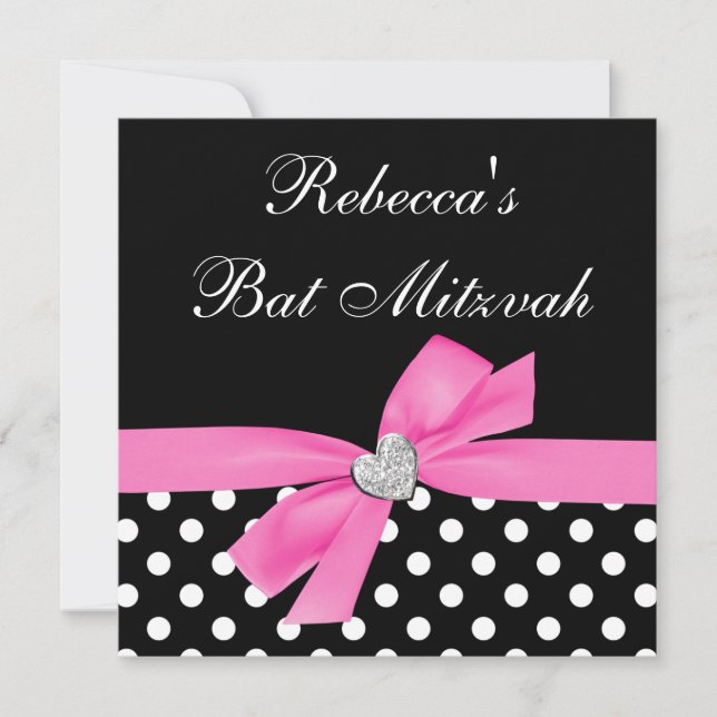 Polka Dot Pink Black Bow Heart Bat Mitzvah Invitation (Front)