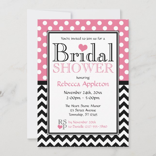 Polka Dot Pink & Chevron Bridal Shower Invitations (Front)