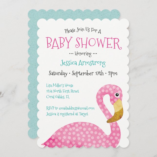 Polka Dot Pink Flamingo Baby Shower Invitation (Front/Back)