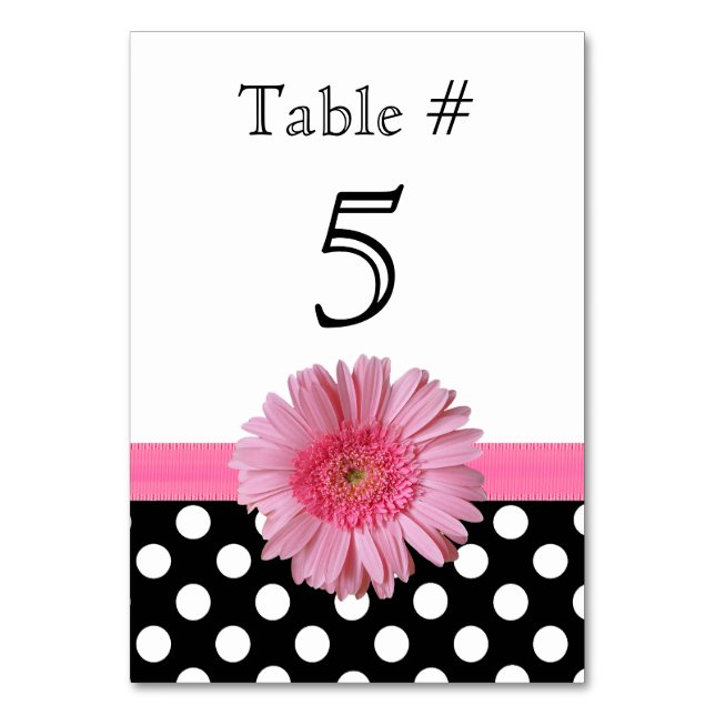 Polka Dot & Pink Gerber Daisy Wedding Table Number (Front)