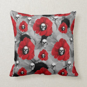 Polka dot poppies and skulls cushion