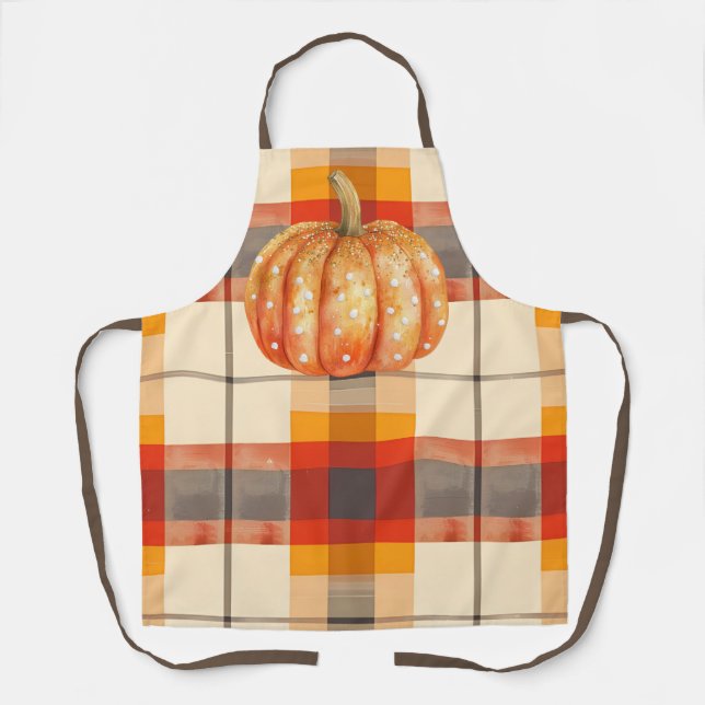 Polka dot pumpkin on plaid fall apron (Front)