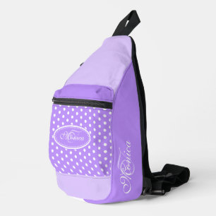 Polka dot purple and white personalised sling bag