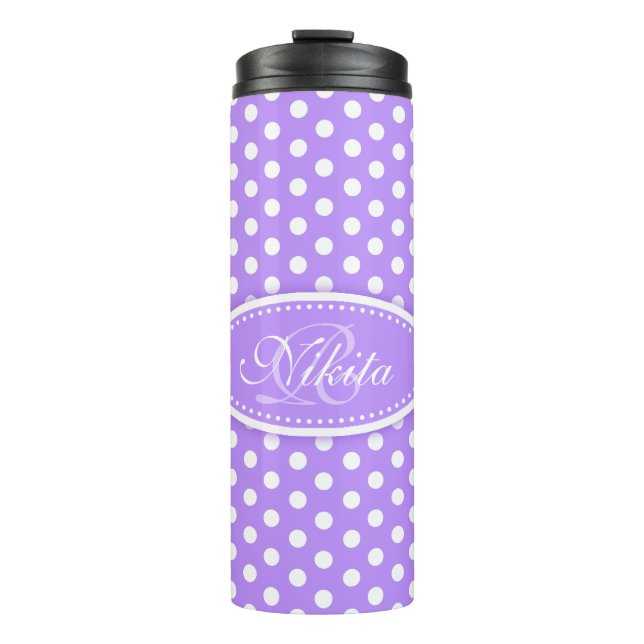 Polka dot purple and white personalised thermal tumbler (Front)