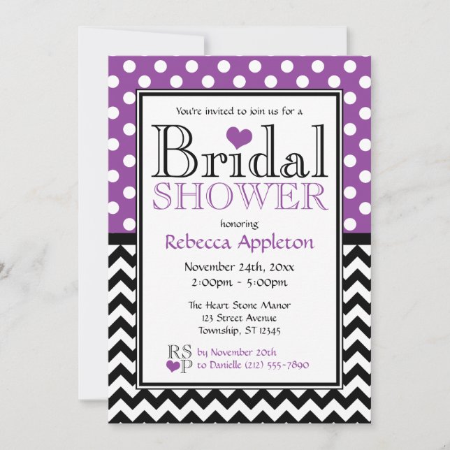 Polka Dot Purple Chevron Bridal Shower Invitations (Front)